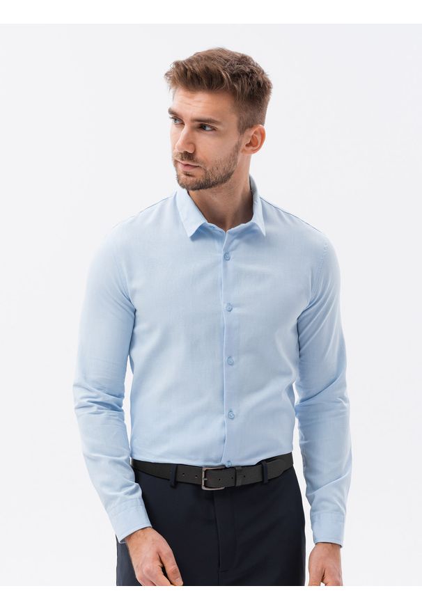 Ombre Clothing - Bawełniana koszula męska z tkaniny w stylu Oxford SLIM FIT - błękitna V8. Kolor: niebieski. Materiał: tkanina, bawełna