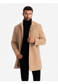 Ombre Clothing - Strukturalny dopasowany płaszcz męski z wysokim kołnierzem – jasnobrązowy V4 - Rozmiar: XL. Okazja: na co dzień. Kolor: brązowy. Materiał: syntetyk, tkanina, poliester, materiał. Długość: długie. Wzór: aplikacja, jednolity. Styl: casual, elegancki