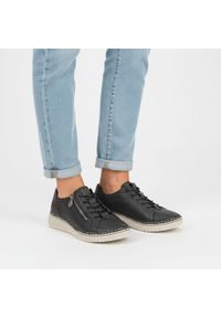 Półbuty damskie Rieker, cholewka ze skóry naturalnej o ziarnistej fakturze z sznurowaniem i bocznym zamkiem, niebieskie, 50965-14. Zapięcie: zamek. Kolor: niebieski. Materiał: skóra. Szerokość cholewki: normalna #1