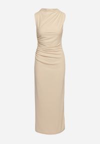 Born2be - Beżowa Dopasowana Sukienka Bodycon z Dekoracyjnym Marszczeniem Bez Rękawów Tykena. Okazja: na imprezę. Kolor: beżowy. Długość rękawa: bez rękawów. Typ sukienki: bodycon. Styl: wizytowy #5
