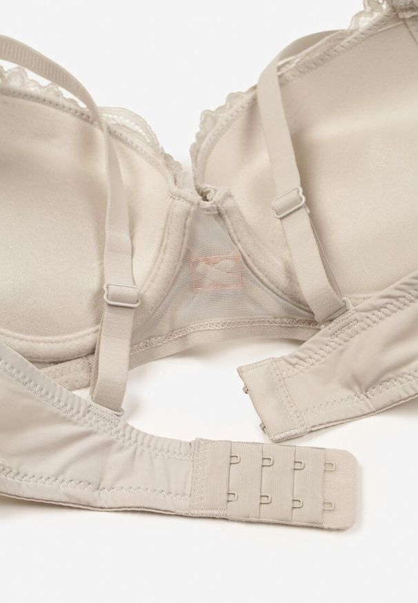 Born2be - Szary Biustonosz Typu Push-Up Ozdobiony Koronką Paskami i Aplikacją Ezinzee. Kolor: szary. Materiał: koronka. Rodzaj stanika: push-up. Wzór: aplikacja, koronka