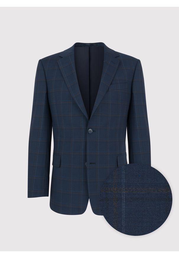 Pako Lorente - PAKO LORENTE – Granatowa marynarka garniturowa w kraciasty deseń. Okazja: na wesele, na ślub cywilny, na komunię. Kolor: niebieski. Materiał: poliester, wełna, lycra