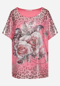 Born2be - Różowy Bawełniany T-shirt o Fasonie Nietoperza z Metalicznym Nadrukiem Brielltia. Okazja: na co dzień. Kolor: różowy. Materiał: bawełna. Wzór: nadruk. Styl: klasyczny, casual, elegancki