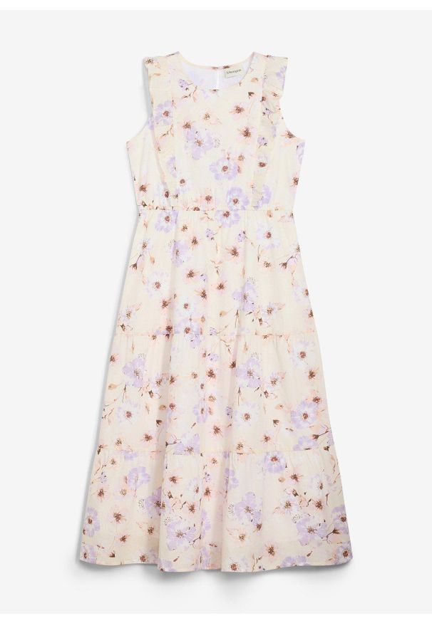 bonprix - Długa sukienka z czystej bawełny. Kolor: beżowy. Materiał: bawełna. Wzór: nadruk. Sezon: lato. Długość: maxi