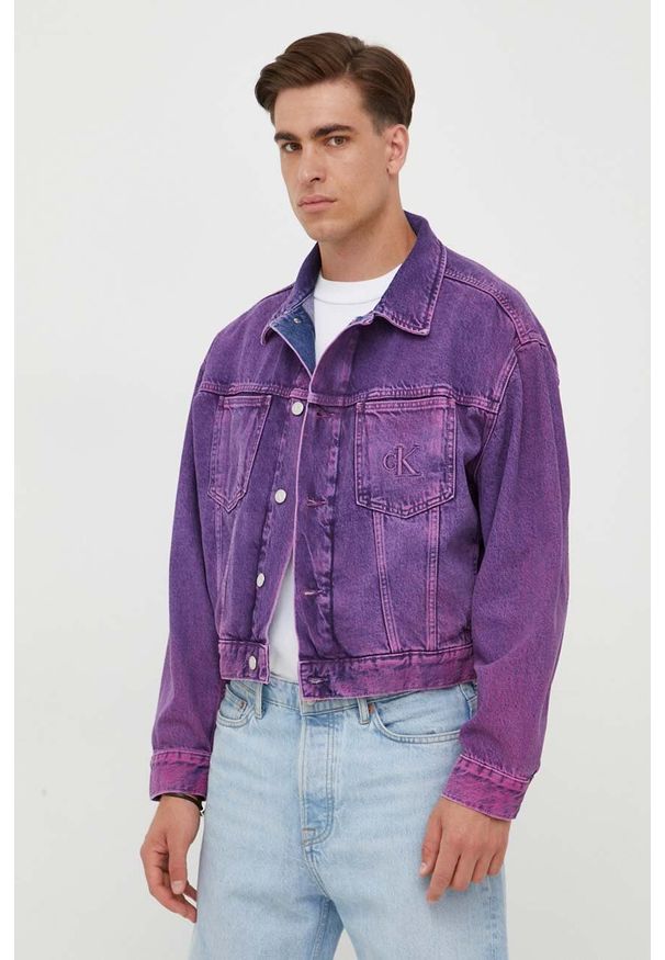 Calvin Klein Jeans kurtka jeansowa męska kolor fioletowy przejściowa. Kolor: fioletowy. Materiał: bawełna