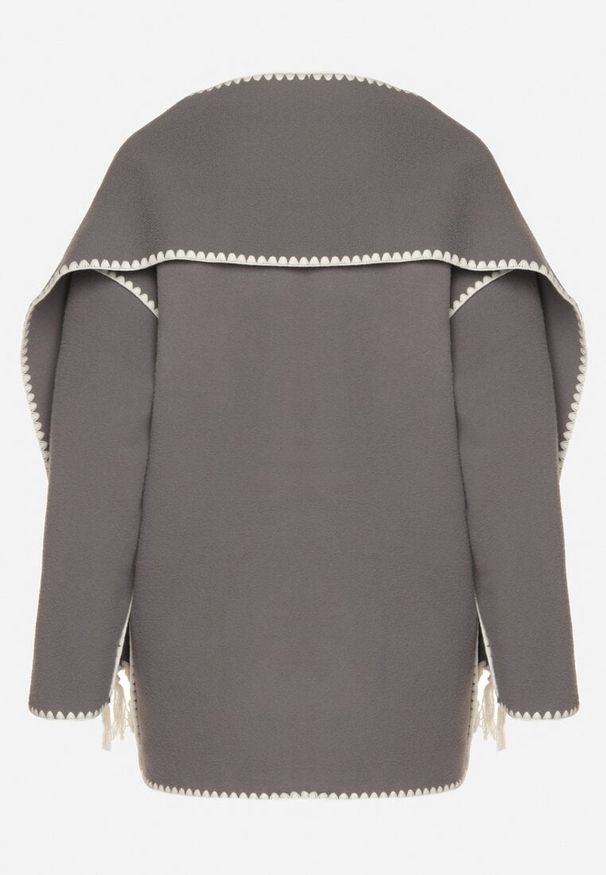 Born2be - Szara Pudełkowa Kurtka z Ozdobnymi Przeszyciami i Szalikiem Salenalia. Okazja: na co dzień. Kolor: szary. Materiał: jeans. Styl: elegancki, casual