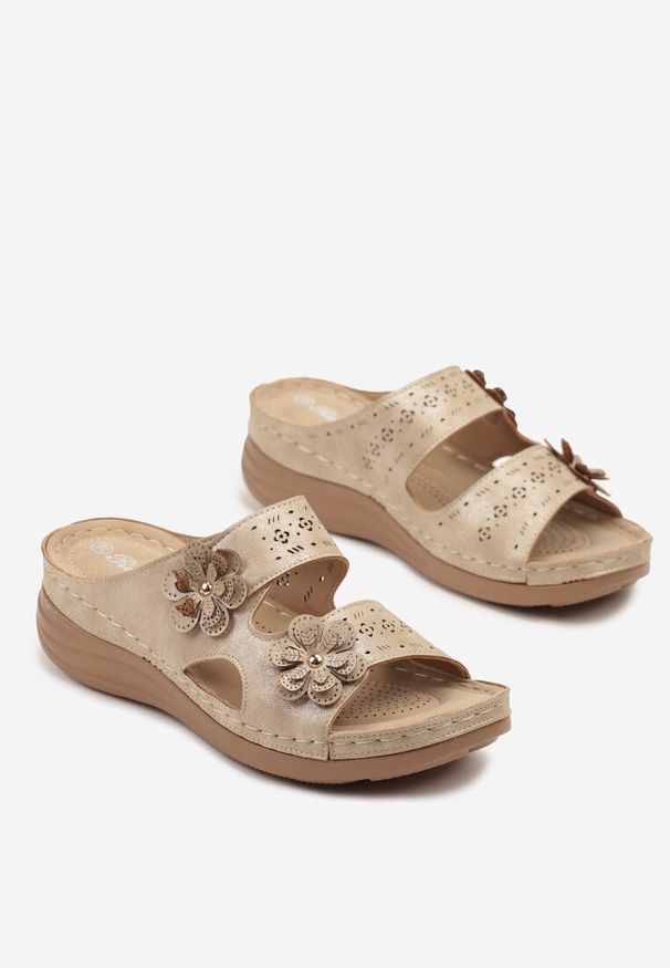 Born2be - Beżowe Klapki na Koturnie z Ozdobnymi Kwiatkami 3D Reittrae. Okazja: na spacer. Kolor: beżowy. Materiał: jeans. Wzór: kwiaty. Sezon: wiosna, lato. Obcas: na koturnie