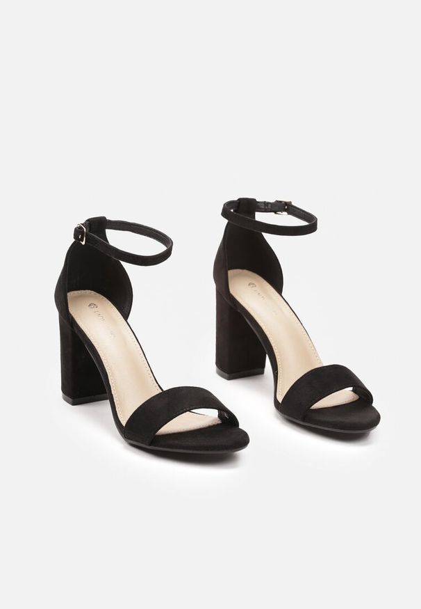 Born2be - Czarne Sandały z Ekozamszu na Słupku Zapinane na Sprzączkę Hevela. Zapięcie: sprzączka. Kolor: czarny. Obcas: na słupku. Styl: elegancki