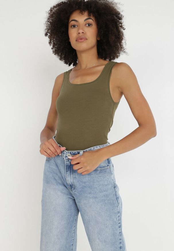Born2be - Ciemnozielony Top Alethionis. Kolor: zielony. Materiał: jeans, bawełna, dzianina. Długość rękawa: na ramiączkach. Wzór: gładki