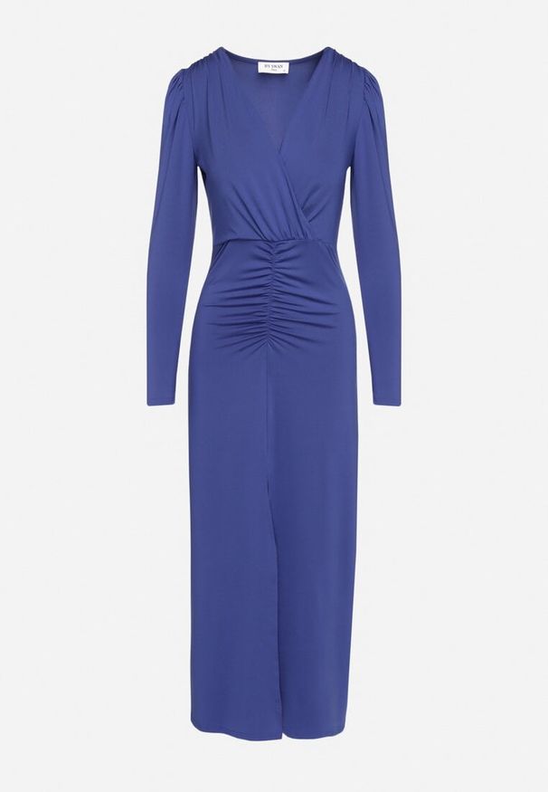 Born2be - Niebieska Elegancka Sukienka Kopertowa Ozdobiona Marszczeniami Zainara. Okazja: na imprezę, na spotkanie biznesowe. Typ kołnierza: dekolt kopertowy. Kolor: niebieski. Długość rękawa: długi rękaw. Wzór: aplikacja. Typ sukienki: kopertowe. Styl: elegancki