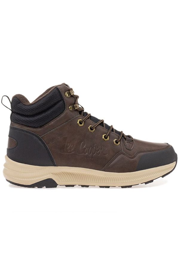 Buty Lee Cooper LCJ-22-01-1384M - brązowe. Wysokość cholewki: przed kolano. Zapięcie: sznurówki. Kolor: brązowy. Materiał: materiał, skóra ekologiczna, polar. Szerokość cholewki: normalna. Wzór: aplikacja. Sezon: zima
