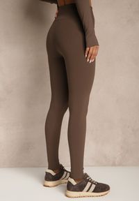 Renee - Brązowe Legginsy High Waist Ozdobione Przeszyciem Belanessa. Okazja: na co dzień. Stan: podwyższony. Kolor: brązowy. Wzór: aplikacja. Styl: casual #4