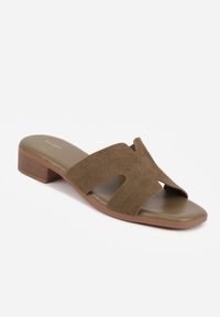 Renee - Zielone Klapki VICES na Niskim Obcasie z Paskiem z Wycięciami Ateriko. Kolor: beżowy. Materiał: jeans. Obcas: na obcasie. Styl: klasyczny, elegancki. Wysokość obcasa: niski #9