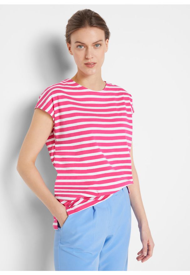 bonprix - T-shirt oversize w paski, ze zrównoważonego materiału. Kolor: różowy. Materiał: materiał. Wzór: paski