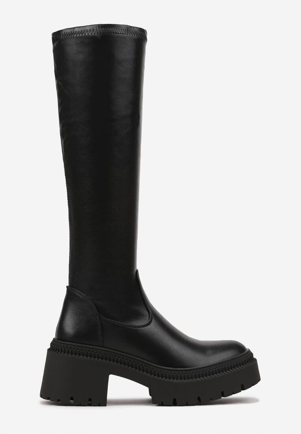 Renee - Czarne Kozaki na Obcasie Typu Słupek z Wysoką Dopasowaną Cholewką Laoliana. Okazja: na co dzień. Kolor: czarny. Materiał: wełna. Szerokość cholewki: normalna. Obcas: na obcasie. Styl: elegancki, casual. Wysokość obcasa: średni