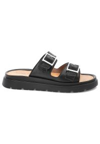 Czarne Klapki Wasak Modne Skórzane Obuwie Damskie. Okazja: na spacer, na co dzień. Kolor: czarny. Materiał: skóra. Wzór: paski. Sezon: lato. Styl: casual, klasyczny #4