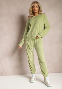 Renee - Jasnozielony Welurowy Komplet Dresowy z Oversizową Bluzą i Spodniami Anitri. Kolor: zielony. Materiał: dresówka, welur