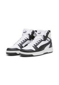 Puma - Młodzieżowe sneakersy Rebound V6 Mid PUMA White Black Shadow Gray. Kolor: biały, wielokolorowy, czarny, szary. Materiał: guma, skóra, syntetyk, materiał. Sport: koszykówka