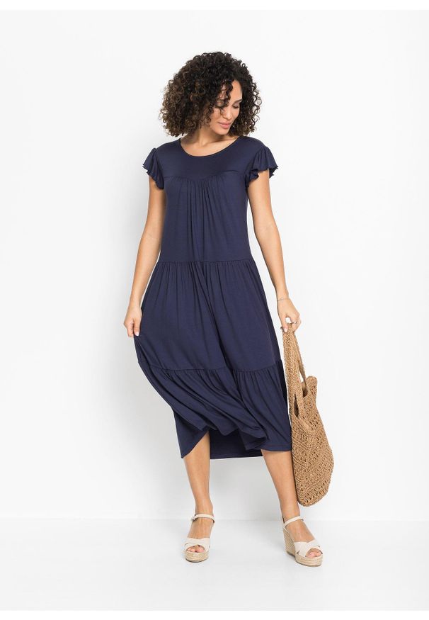 bonprix - Sukienka midi z wiskozy. Kolor: niebieski. Materiał: wiskoza. Długość: midi