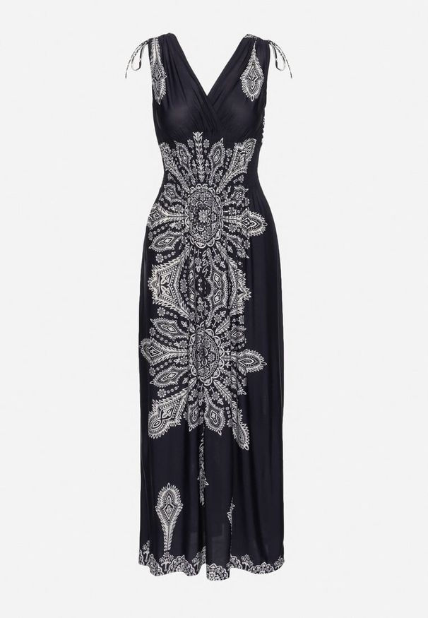 Born2be - Granatowa Sukienka w Stylu Boho z Gumką w Pasie i Troczkami na Ramionach Aretava. Okazja: na co dzień. Typ kołnierza: dekolt w łódkę. Kolor: niebieski. Typ sukienki: proste. Styl: boho