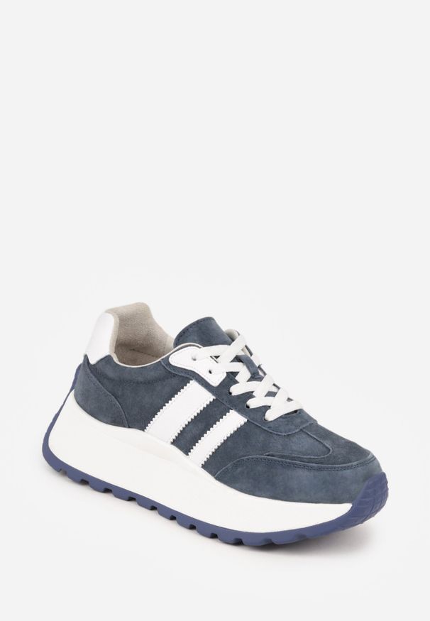 Born2be - Granatowe Skórzane Sneakersy na Grubej Podeszwie Cezelina. Okazja: na co dzień. Kolor: niebieski. Materiał: skóra