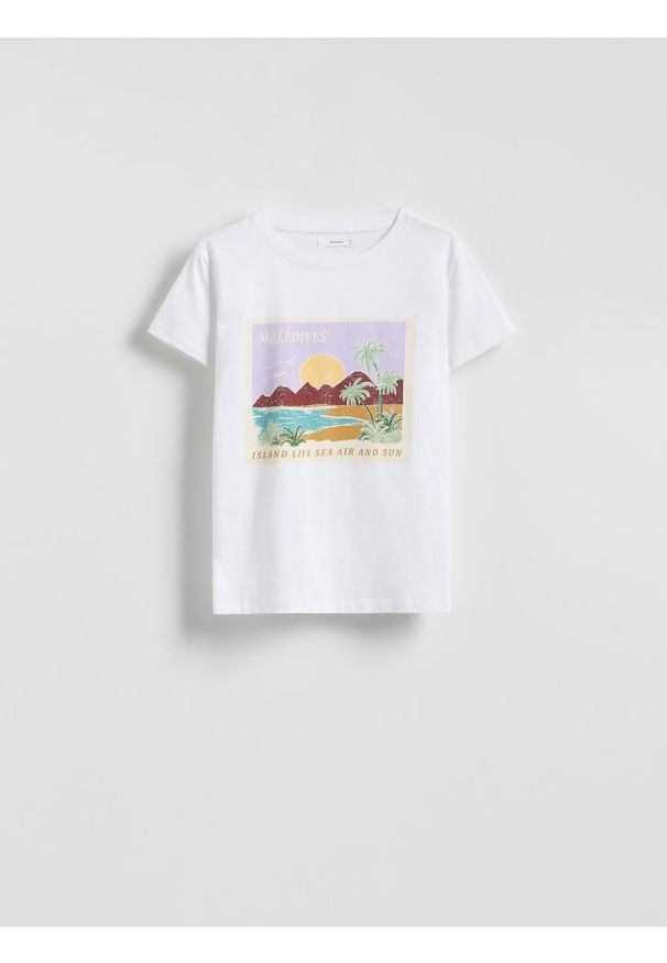 Reserved - Bawełniany t-shirt z nadrukiem - biały. Kolor: biały. Materiał: bawełna. Wzór: nadruk