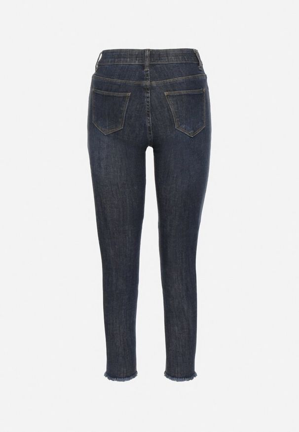 Born2be - Granatowe Jeansy o Fasonie Slim z Gumką w Pasie Belirane. Okazja: na co dzień. Kolor: niebieski. Wzór: aplikacja. Styl: klasyczny, elegancki, casual
