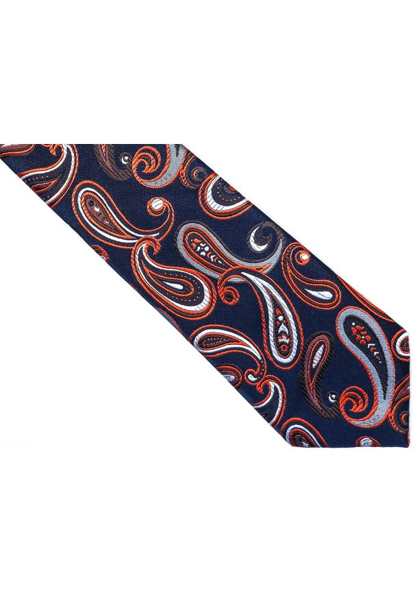 Modini - Granatowy krawat męski w pomarańczowy paisley C14. Kolor: wielokolorowy, niebieski, pomarańczowy. Materiał: mikrofibra, tkanina. Wzór: paisley