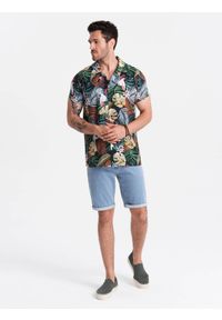 Ombre Clothing - Wzorzysta męska koszula wiskozowa z krótkim rękawem – dżungla V10 OM-SHPS-0113 - XXL. Okazja: na co dzień. Kolor: niebieski. Materiał: wiskoza. Długość rękawa: krótki rękaw. Długość: krótkie. Wzór: gładki, kolorowy. Styl: wakacyjny, casual, klasyczny