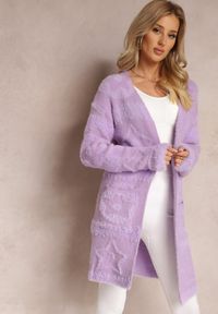 Renee - Fioletowy Długi Kardigan Puszysty Aborra. Kolekcja: plus size. Kolor: fioletowy. Długość: długie. Sezon: jesień, zima #3