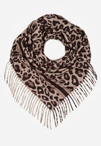Renee - Brązowy Wiskozowy Szalik w Panterkę Wykończony Frędzlami Alefera. Kolor: brązowy. Materiał: wiskoza. Wzór: motyw zwierzęcy #1