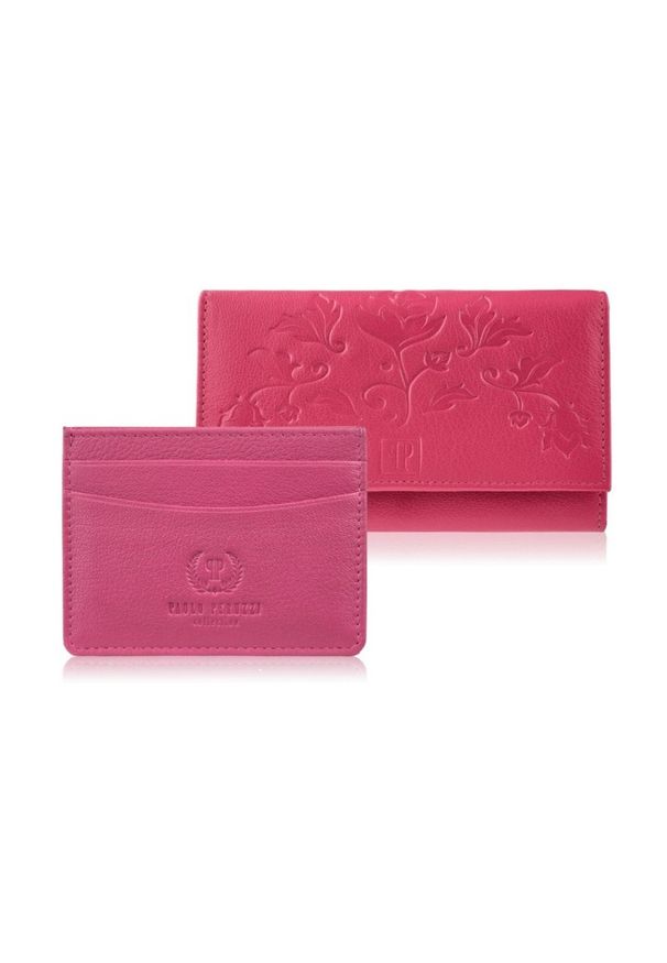PAOLO PERUZZI - Zestaw prezentowy dla niej portfel damski w kwiaty T-45 i skórzane etui na karty T-151 Paolo Peruzzi ZUP-144-PI. Kolor: różowy. Materiał: skóra. Wzór: kwiaty