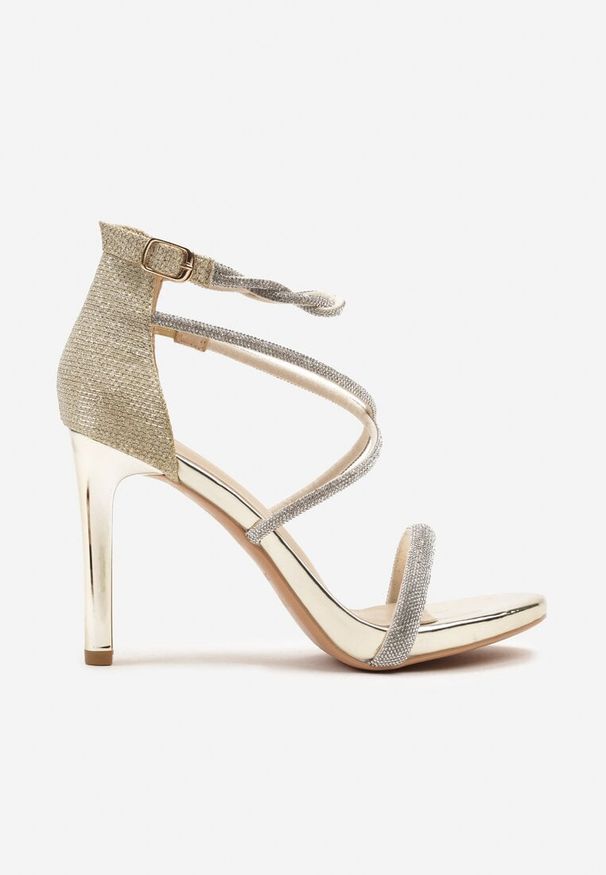 Renee - Złote Sandały na Szpilce z Cyrkoniami Sadevorelle. Zapięcie: pasek. Kolor: złoty. Wzór: aplikacja. Obcas: na szpilce. Styl: elegancki, klasyczny, wizytowy