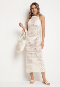 Born2be - Beżowa Sukienka o Taliowanym Kroju z Ażurowej Dzianiny Tiamisse. Kolor: beżowy. Materiał: dzianina. Wzór: ażurowy. Sezon: lato. Typ sukienki: oversize. Styl: elegancki #2