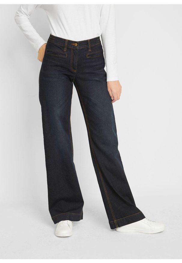 bonprix - Dżinsy wide leg, mid waist, elastyczna gumka w talii. Kolor: niebieski