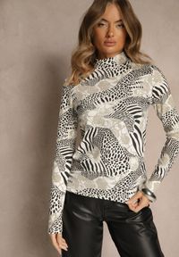 Renee - Jasnoszara Bluzka Longsleeve z Bawełny z Półgolfem i Panterkowym Printem Unalla. Kolor: szary. Materiał: bawełna. Długość rękawa: długi rękaw. Wzór: nadruk #3