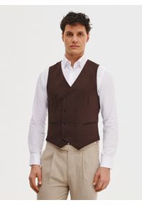 Pako Lorente - PAKO LORENTE - Brązowa dwurzędowa kamizelka męska. Kolor: brązowy. Materiał: wełna, poliester, elastan, wiskoza. Styl: elegancki, młodzieżowy #1
