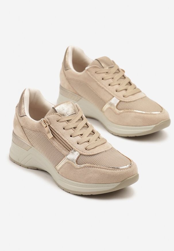 Born2be - Beżowe Sneakersy na Koturnie ze Skórzaną Wkładką i Ozdobnym Suwakiem Arivnia. Okazja: na co dzień. Kolor: beżowy. Materiał: skóra. Obcas: na koturnie. Wysokość obcasa: średni