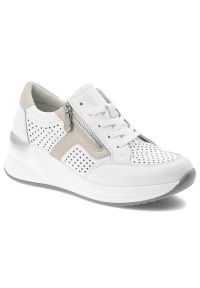 Sneakersy damskie Vinceza, ze skóry naturalnej licowej ażurowa cholewka zamek i sznurowanie lekka podeszwa, białe, 95403. Okazja: na spacer, na co dzień. Zapięcie: sznurówki. Kolor: biały. Materiał: skóra. Szerokość cholewki: normalna. Wzór: ażurowy. Obcas: na platformie. Styl: casual, elegancki, sportowy, klasyczny #1