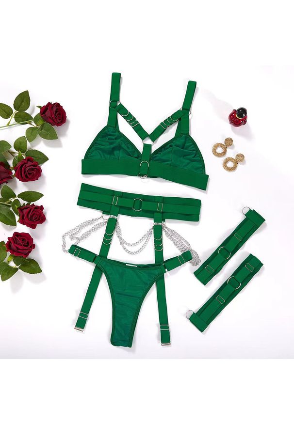 Intica - Komplet bielizny z szerokimi pasami i ozdobnymi detalami Nver. Kolor: zielony. Materiał: materiał. Wzór: aplikacja
