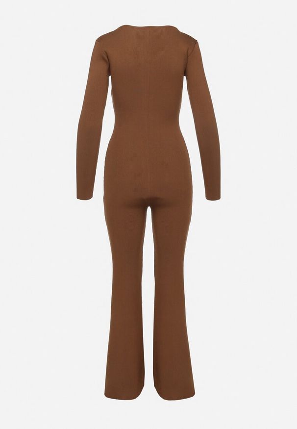Born2be - Brązowy Wiskozowy Kombinezon Bodycon z Prążkowaniem i Suwakiem Alnorema. Kolor: brązowy. Materiał: wiskoza, prążkowany. Styl: elegancki