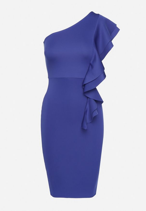 Born2be - Niebieska Asymetryczna Sukienka Ozdobiona Falbaną Lenitel. Okazja: na randkę. Kolor: niebieski. Wzór: aplikacja. Typ sukienki: asymetryczne. Styl: klasyczny