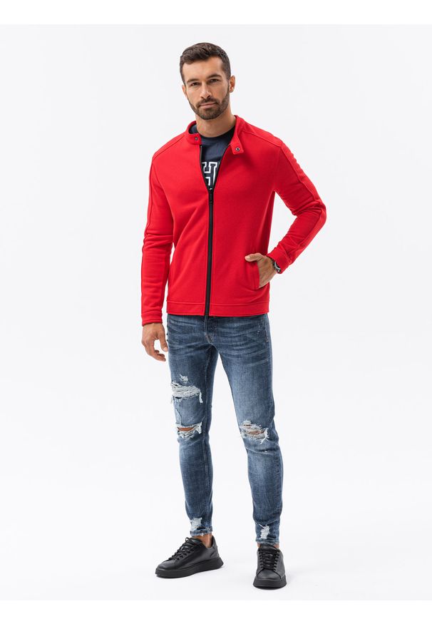Ombre Clothing - Bluza męska rozpinana bez kaptura B1071 - czerwona - XL. Typ kołnierza: bez kaptura. Kolor: czerwony. Materiał: bawełna, poliester