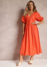 Renee - Pomaraczowa Rozkloszowana Sukienka Maxi z Ażurowymi Wstawkami z Lnem i Bawełną Camya. Kolor: pomarańczowy. Materiał: bawełna, len. Wzór: ażurowy. Długość: maxi #4