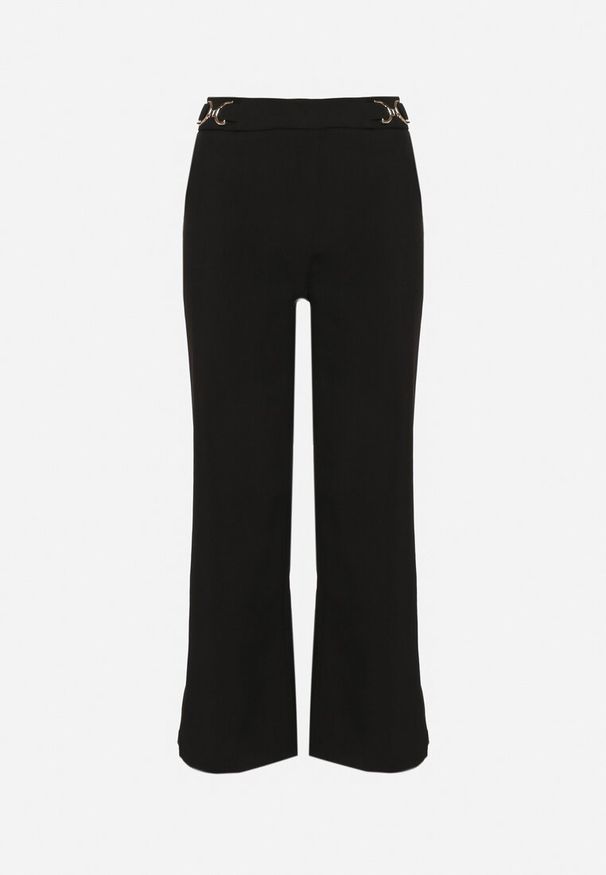 Born2be - Czarne Szerokie Spodnie z Metaliczną Klamrą na Pasku Enarea. Okazja: na spotkanie biznesowe. Stan: podwyższony. Kolor: czarny. Wzór: kolorowy. Styl: biznesowy, klasyczny