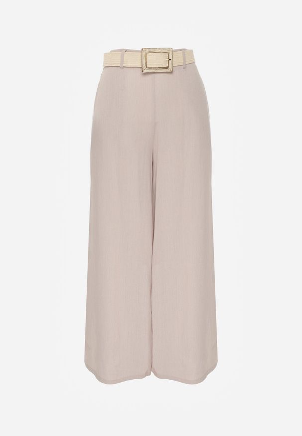 Born2be - Beżowe Spodnie z Wiskozą o Szerokim Kroju z Wysokim Stanem i Paskiem Larailure. Okazja: na co dzień, do pracy. Stan: podwyższony. Kolor: beżowy. Materiał: wiskoza. Długość: krótkie. Sezon: wiosna, lato. Styl: casual