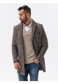 Ombre Clothing - Jednorzędowy płaszcz męski w kratę - brązowy V1 - Rozmiar: XL. Kolor: brązowy. Materiał: akryl, poliester