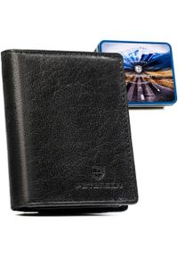 Pionowy portfel męski ze skóry naturalnej w czarnym kolorze, model bez zapięcia zewnętrznego - Peterson. Kolor: czarny. Materiał: skóra #1