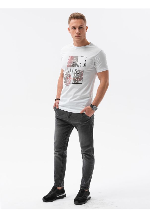 Ombre Clothing - T-shirt męski z nadrukiem S1434 V-18A - biały - XXL. Kolor: biały. Materiał: bawełna. Wzór: nadruk. Styl: klasyczny