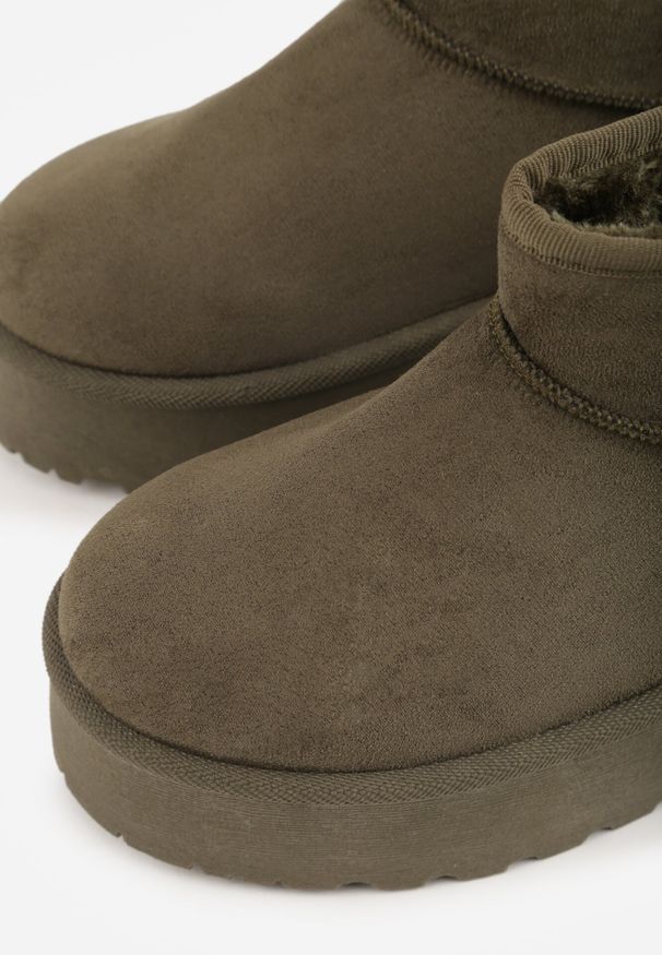 Born2be - Zielone Krótkie Śniegowce na Platformie Lysindra. Kolor: zielony. Materiał: futro, jeans, wełna, zamsz. Sezon: zima. Obcas: na platformie. Styl: elegancki, klasyczny